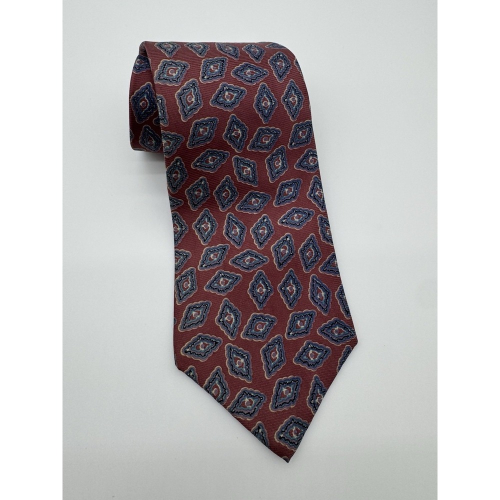 Geoffrey Beene 100% Silk Tie Red Blue Geometric Diamond Pattern Classic Necktie